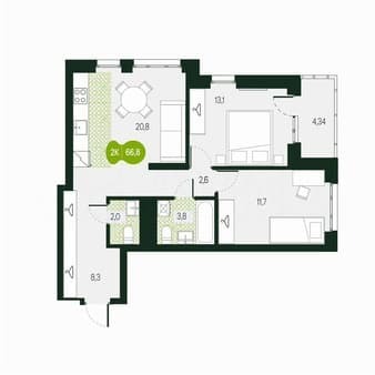 3-комн. квартира, 66.8 м²