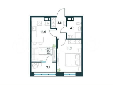 1-комн. квартира, 37.8 м²