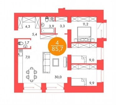 Продажа четырехкомнатной квартиры, 85.7 м², этаж 11 из 17. Фото 1