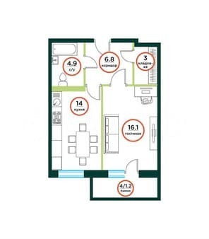 Купить однокомнатную квартиру, 47.1 м², этаж 2 из 8. Фото 1