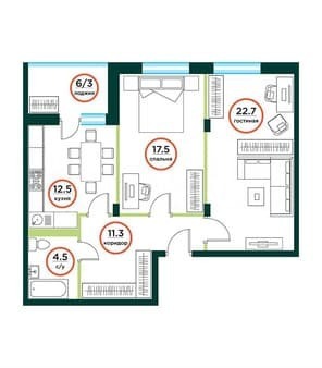 2-комн. квартира, 72 м²