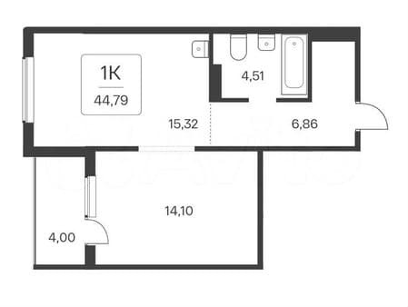 1-комн. квартира, 44.8 м²