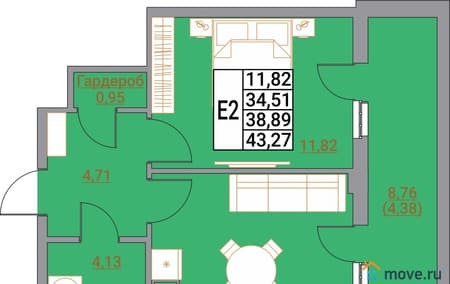 Продается однокомнатная квартира, 43.27 м², этаж 17 из 21. Фото 1