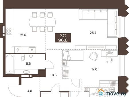 Купить трехкомнатную квартиру, 96.6 м², этаж 2 из 16. Фото 1