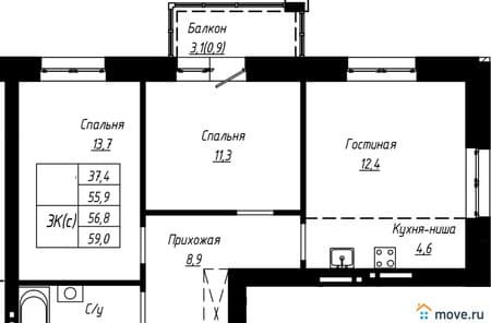 Продать трехкомнатную квартиру, 56.8 м², этаж 9 из 16. Фото 1