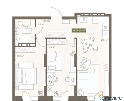Продаем двухкомнатную квартиру, 62.35 м², этаж 12 из 16. Фото 2