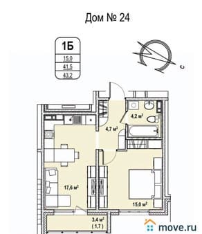 Продать однокомнатную квартиру, 43.2 м², этаж 7 из 17. Фото 1