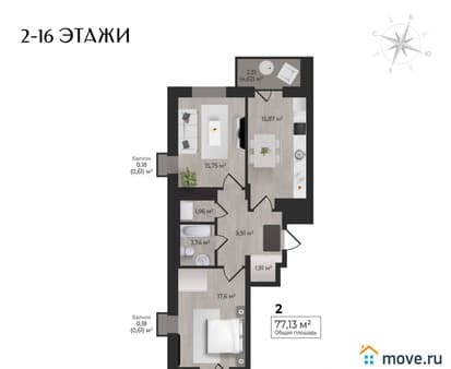 Продажа двухкомнатной квартиры, 77.13 м², этаж 4 из 17. Фото 1