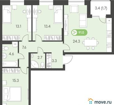 Продажа трехкомнатной квартиры, 91 м², этаж 3 из 10. Фото 1