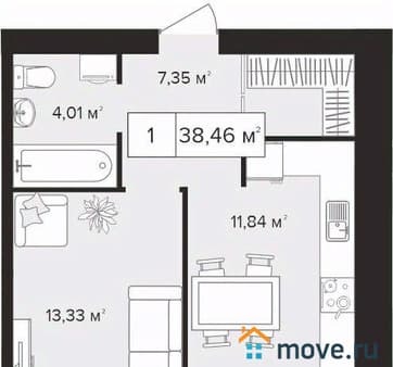Купить однокомнатную квартиру, 38.46 м², этаж 2 из 10. Фото 1