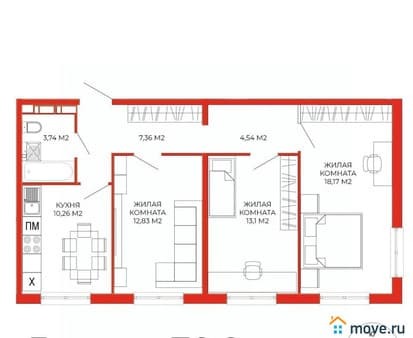 Объявление о продаже трехкомнатной квартиры, 70 м², этаж 14 из 18. Фото 1