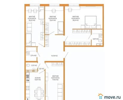 Продать четырехкомнатную квартиру, 117.94 м², этаж 14 из 18. Фото 1