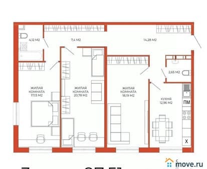 Продаю трехкомнатную квартиру, 97.51 м², этаж 8 из 18. Фото 1