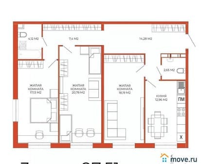 Продаю трехкомнатную квартиру, 97.51 м², этаж 12 из 18. Фото 1