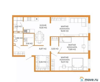 Продается трехкомнатная квартира, 89 м², этаж 2 из 18. Фото 1