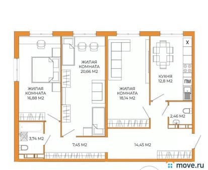 Продажа трехкомнатной квартиры, 96.6 м², этаж 4 из 18. Фото 1