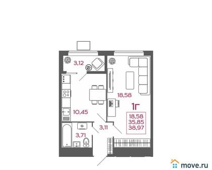 Продать однокомнатную квартиру, 38.97 м², этаж 10 из 17. Фото 1