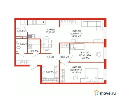 Продажа трехкомнатной квартиры, 89.23 м², этаж 13 из 18. Фото 1