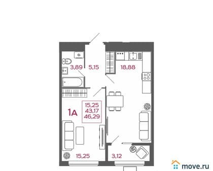 Продаем однокомнатную квартиру, 46.29 м², этаж 2 из 17. Фото 1