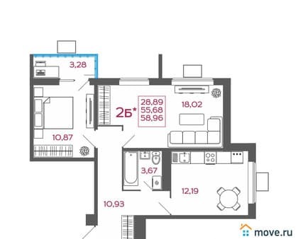 Продажа двухкомнатной квартиры, 58.96 м², этаж 3 из 17. Фото 1
