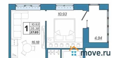 Продать однокомнатную квартиру, 37.85 м², этаж 6 из 16. Фото 1