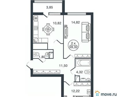 Продажа двухкомнатной квартиры, 59.32 м², этаж 15 из 16. Фото 1