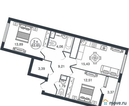 Продажа двухкомнатной квартиры, 63.65 м², этаж 10 из 16. Фото 1
