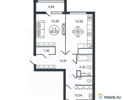 Купить двухкомнатную квартиру, 65.22 м², этаж 7 из 16. Фото 1