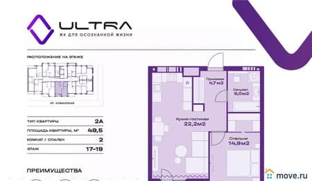 Продажа двухкомнатной квартиры, 49.5 м², этаж 17 из 19. Фото 1