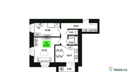 Продажа двухкомнатной квартиры, 52.97 м², этаж 15 из 15. Фото 1