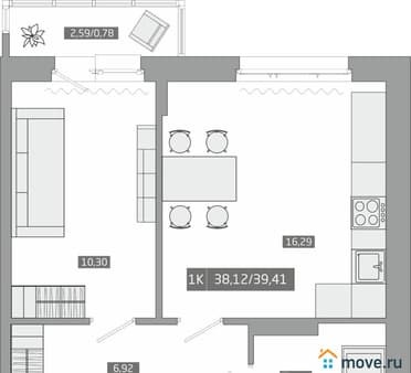 Продается однокомнатная квартира, 39.41 м², этаж 4 из 4. Фото 1