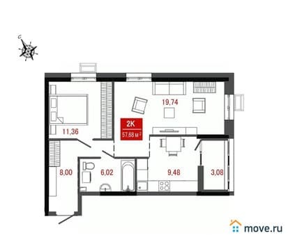 Продажа двухкомнатной квартиры, 56.14 м², этаж 1 из 9. Фото 2