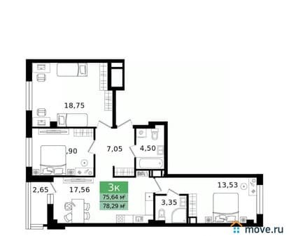 Продается трехкомнатная квартира, 78.29 м², этаж 6 из 12. Фото 1