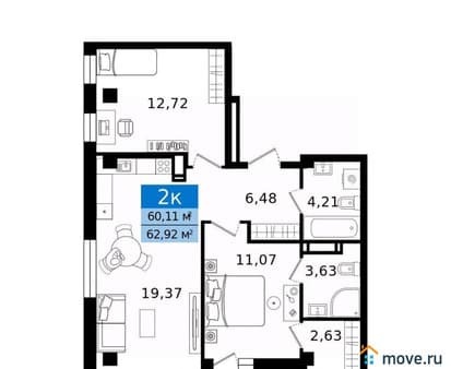 Продажа двухкомнатной квартиры, 62.92 м², этаж 16 из 16. Фото 1