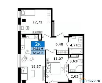 Купить двухкомнатную квартиру, 62.92 м², этаж 8 из 16. Фото 2
