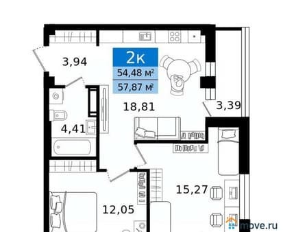 2-комн. квартира, 57.87 м²
