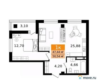 Продам однокомнатную квартиру, 50.54 м², этаж 15 из 16. Фото 1