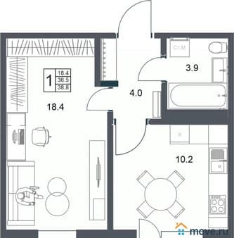 Продаем однокомнатную квартиру, 38.8 м², этаж 12 из 20. Фото 2