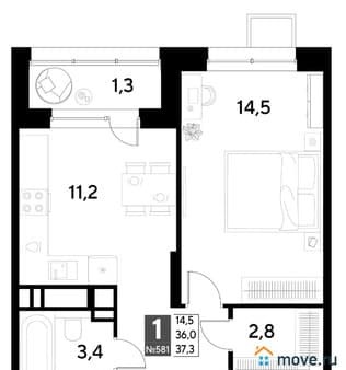Продажа однокомнатной квартиры, 37.3 м², этаж 17 из 21. Фото 1