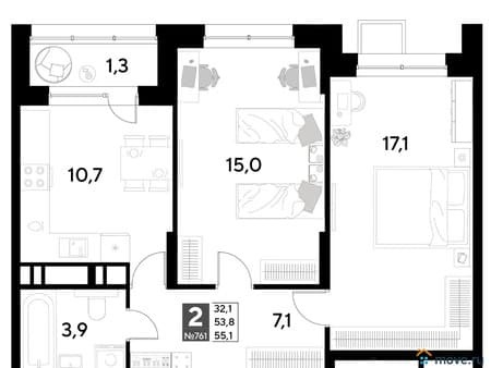 Продаю двухкомнатную квартиру, 55.1 м², этаж 17 из 21. Фото 2