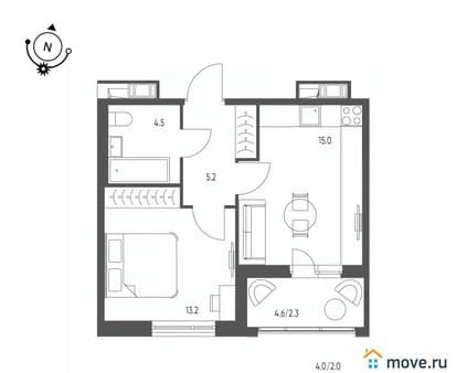1-комн. квартира, 40.2 м²