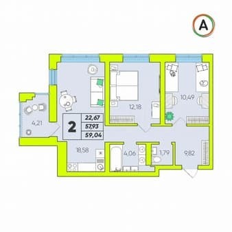2-комн. квартира, 59 м²