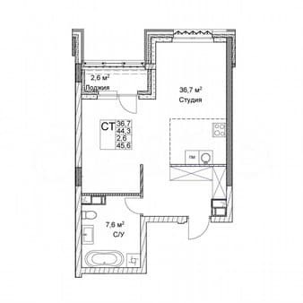 Продаем студию, 44.3 м², этаж 6 из 9. Фото 1