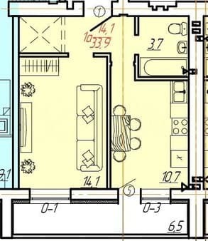 1-комн. квартира, 37.2 м²