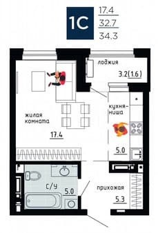 Продажа студии, 34.3 м², этаж 3 из 9. Фото 6
