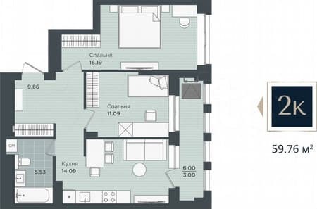 2-комн. квартира, 59.8 м²