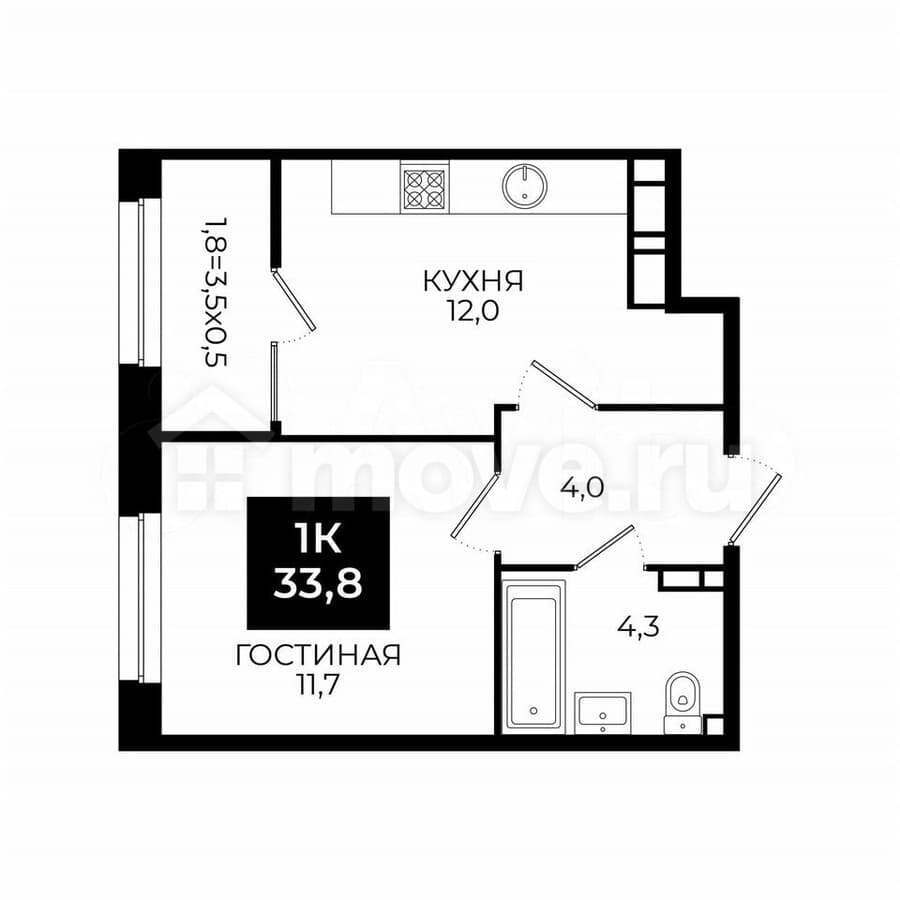 1-комн. квартира, 33.8 м²