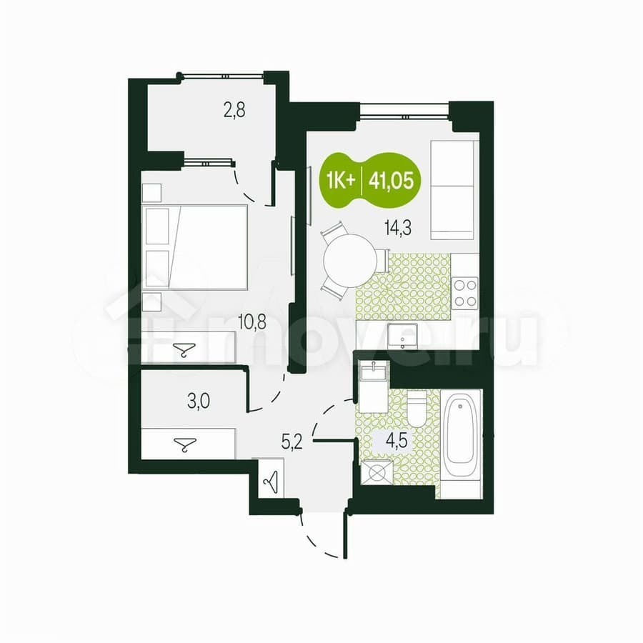 2-комн. квартира, 41.1 м²