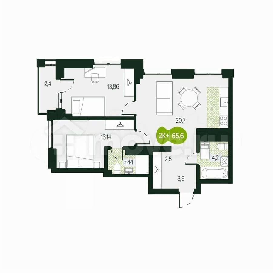3-комн. квартира, 65.7 м²