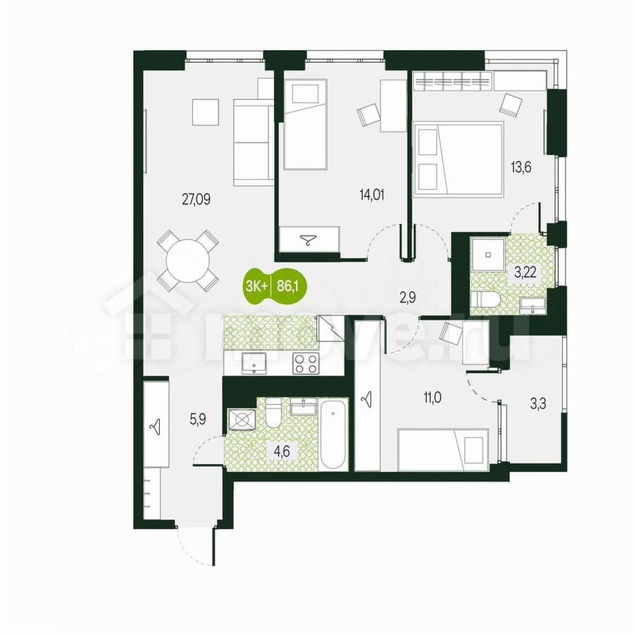 4-комн. квартира, 86.1 м²